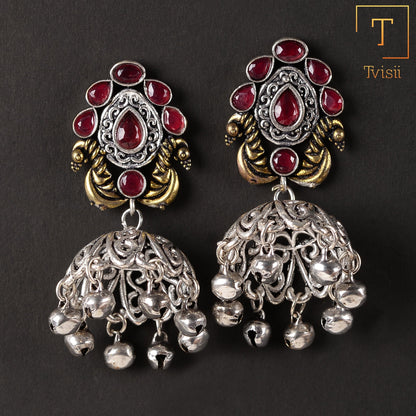Kusumeyura- Silver Brass Stone-Studded Jhumka Earrings(Red)