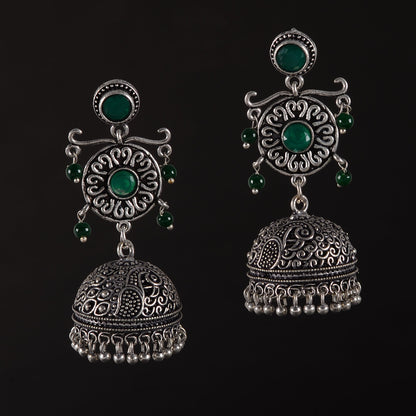 Mallika- Silver Brass Oxidised Jhumka Earrings(Green)