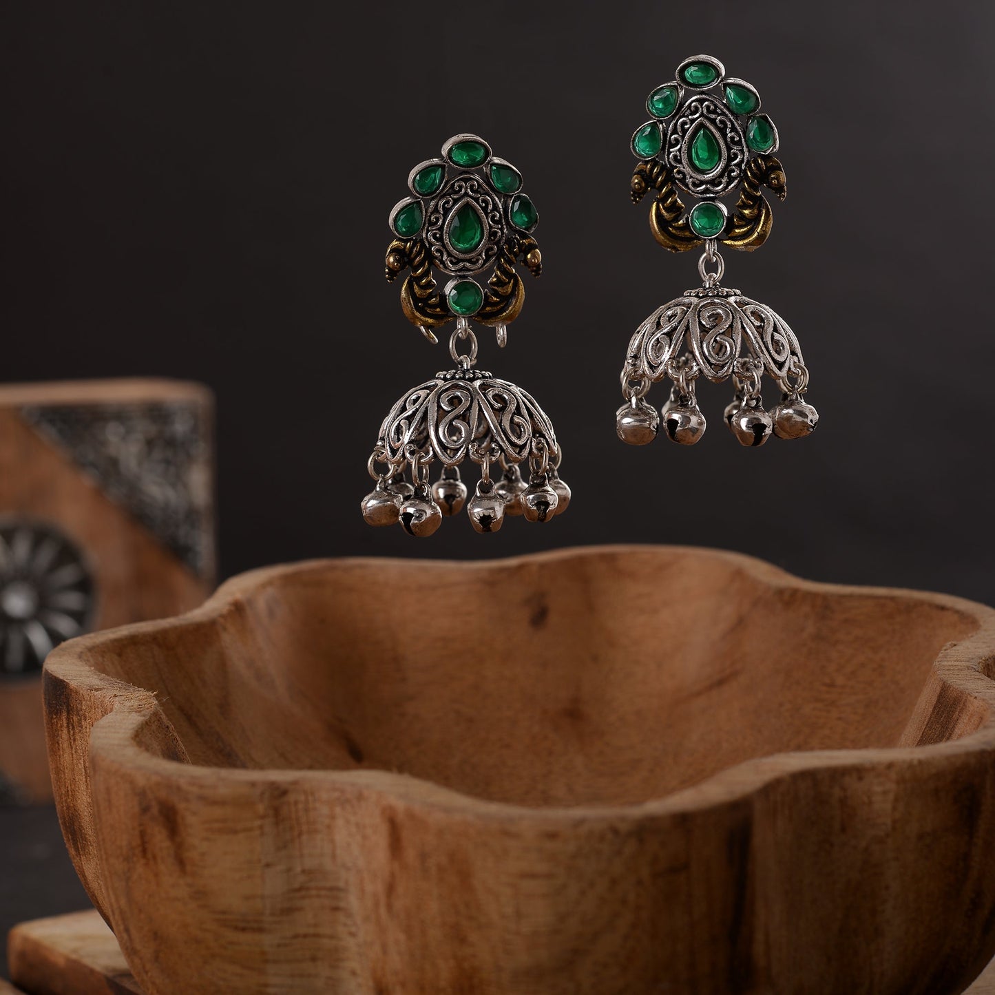 Kusumeyura- Silver Brass Stone-Studded Jhumka Earrings(Green)