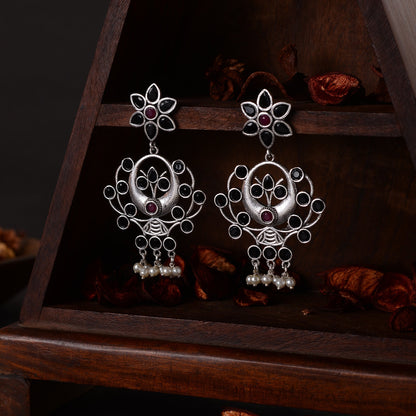 Dhaval- Silver Brass Oxidised dangler earrings(Multicolored RedBlack)