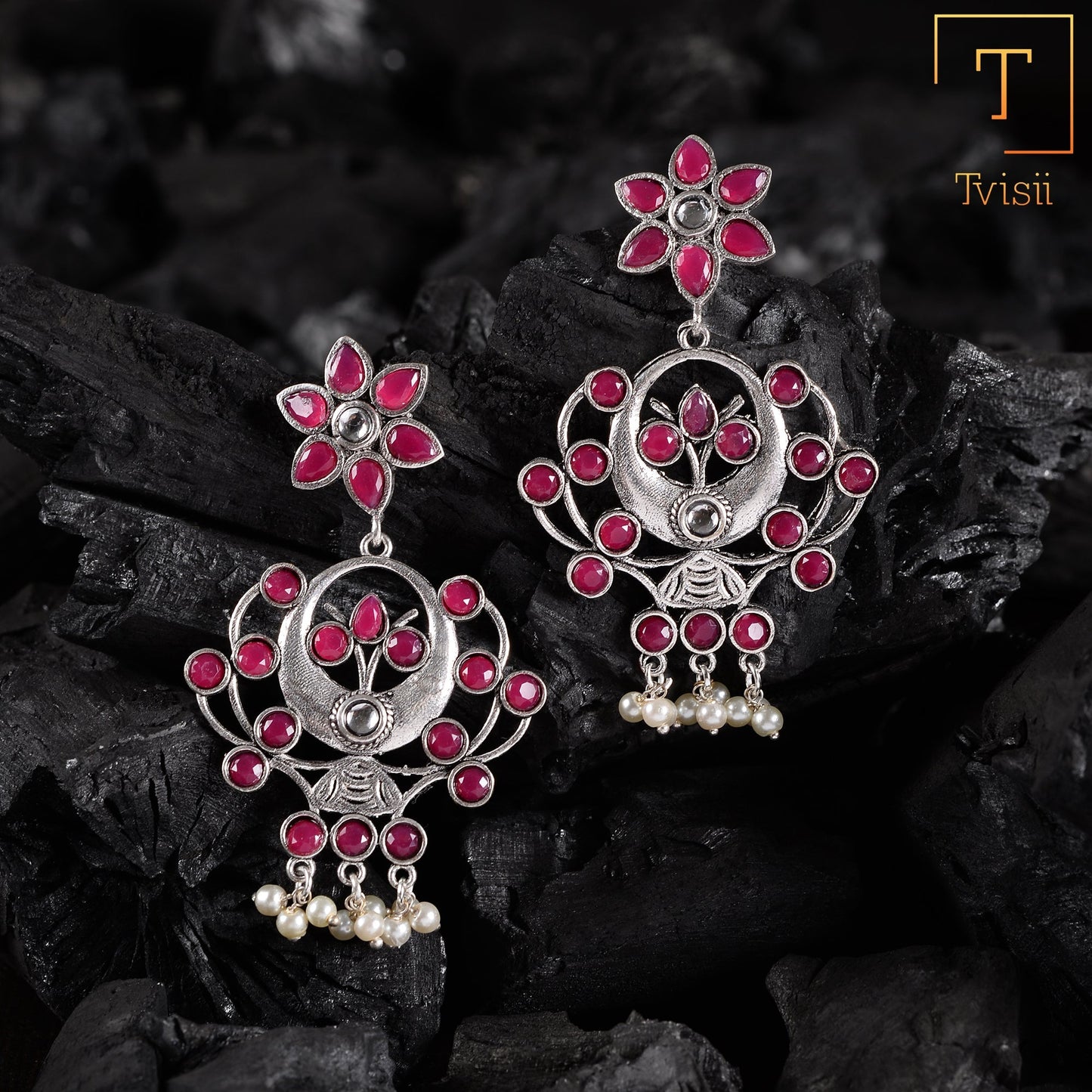 Dhaval- Silver Brass Oxidised dangler earrings(Red)