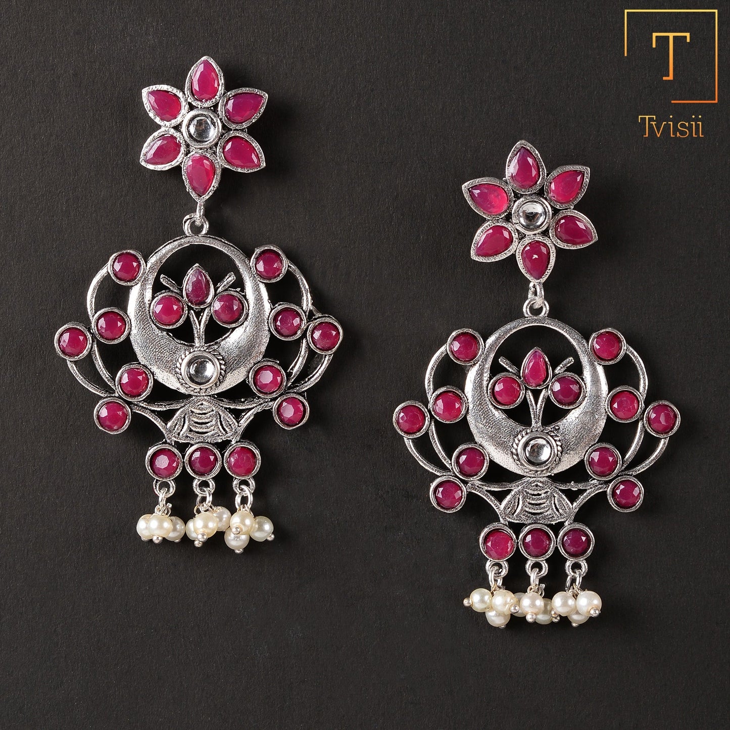 Dhaval- Silver Brass Oxidised dangler earrings(Red)