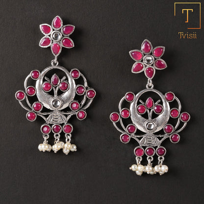 Dhaval- Silver Brass Oxidised dangler earrings(Red)