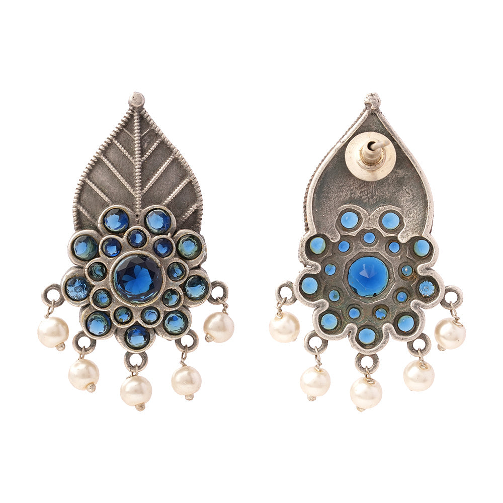 PatraPushp- Silver Brass Pearl dangler earrings(Blue)