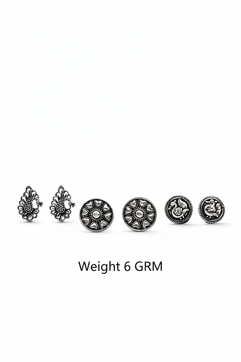 Rasika- Combo of Silver Brass Oxidised stud Earrings