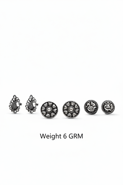 Rasika- Combo of Silver Brass Oxidised stud Earrings