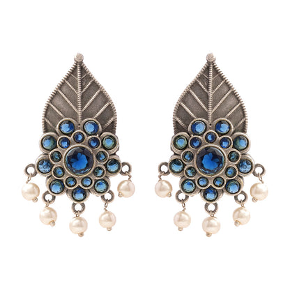 PatraPushp- Silver Brass Pearl dangler earrings(Blue)