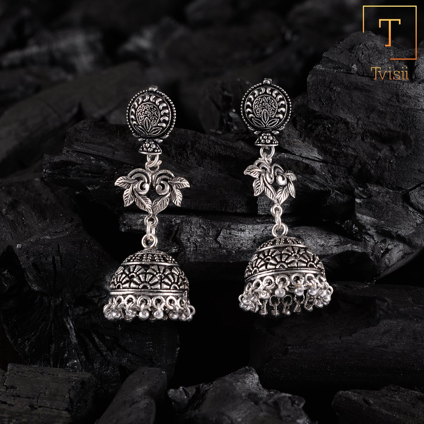 Pallavi- Silver Brass Oxidised Jhumka Earrings