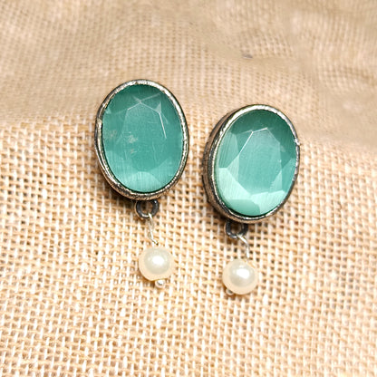Boond- Silver Brass Stone-Studded stud earrings(Mint)