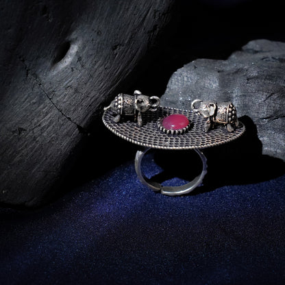Gajendra- Silver oxidised ring(Red)