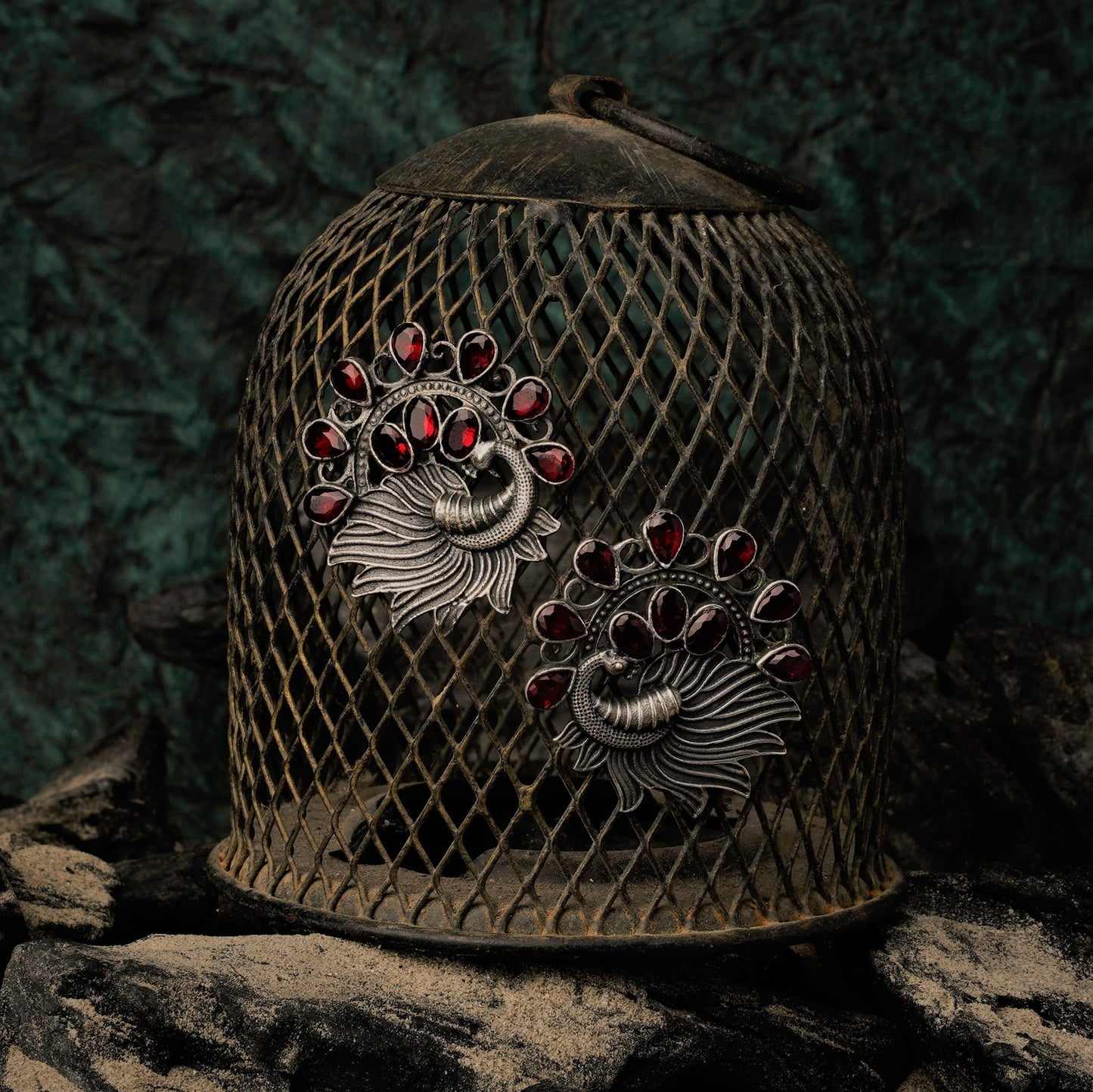 Pankhi- Silver Brass Stone-Studded Stud Earrings(Red)