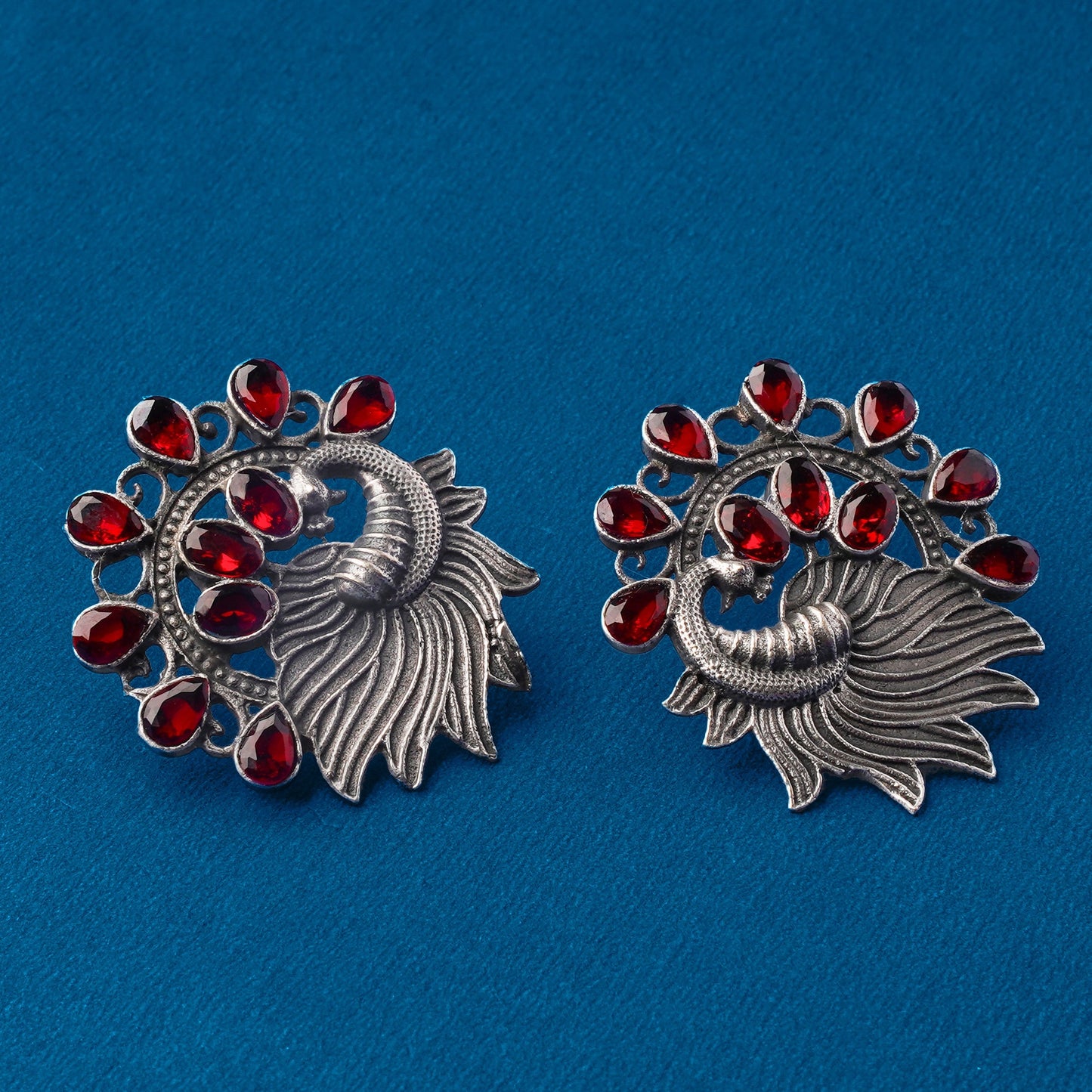 Pankhi- Silver Brass Stone-Studded Stud Earrings(Red)