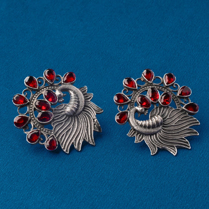 Pankhi- Silver Brass Stone-Studded Stud Earrings(Red)
