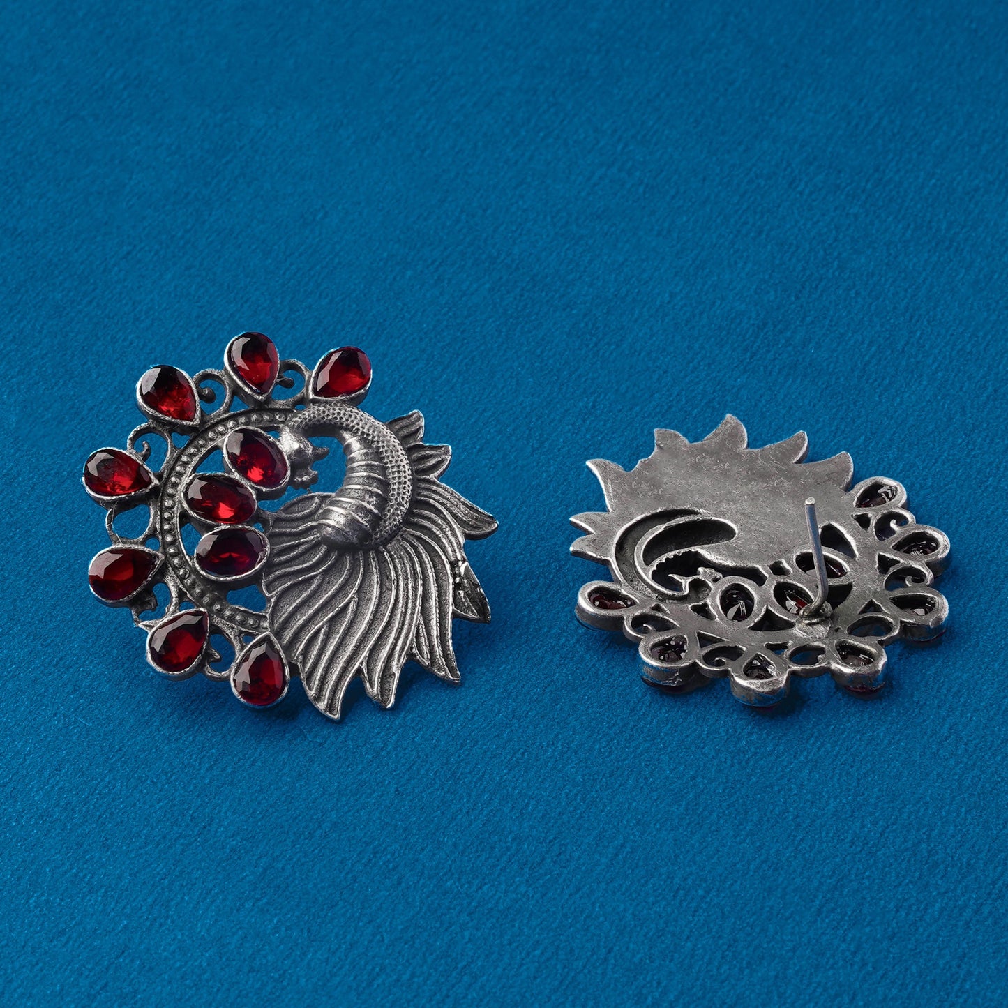 Pankhi- Silver Brass Stone-Studded Stud Earrings(Red)