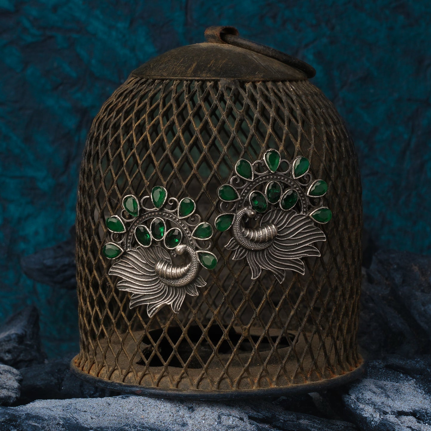 Pankhi- Silver Brass Stone-Studded Stud Earrings(Green)