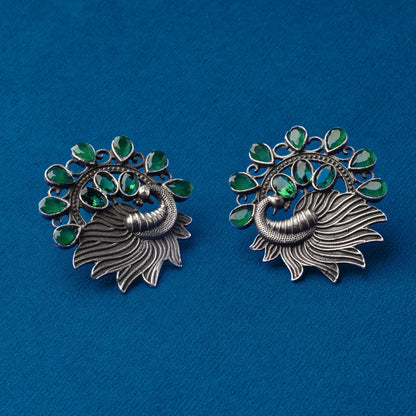 Pankhi- Silver Brass Stone-Studded Stud Earrings(Green)