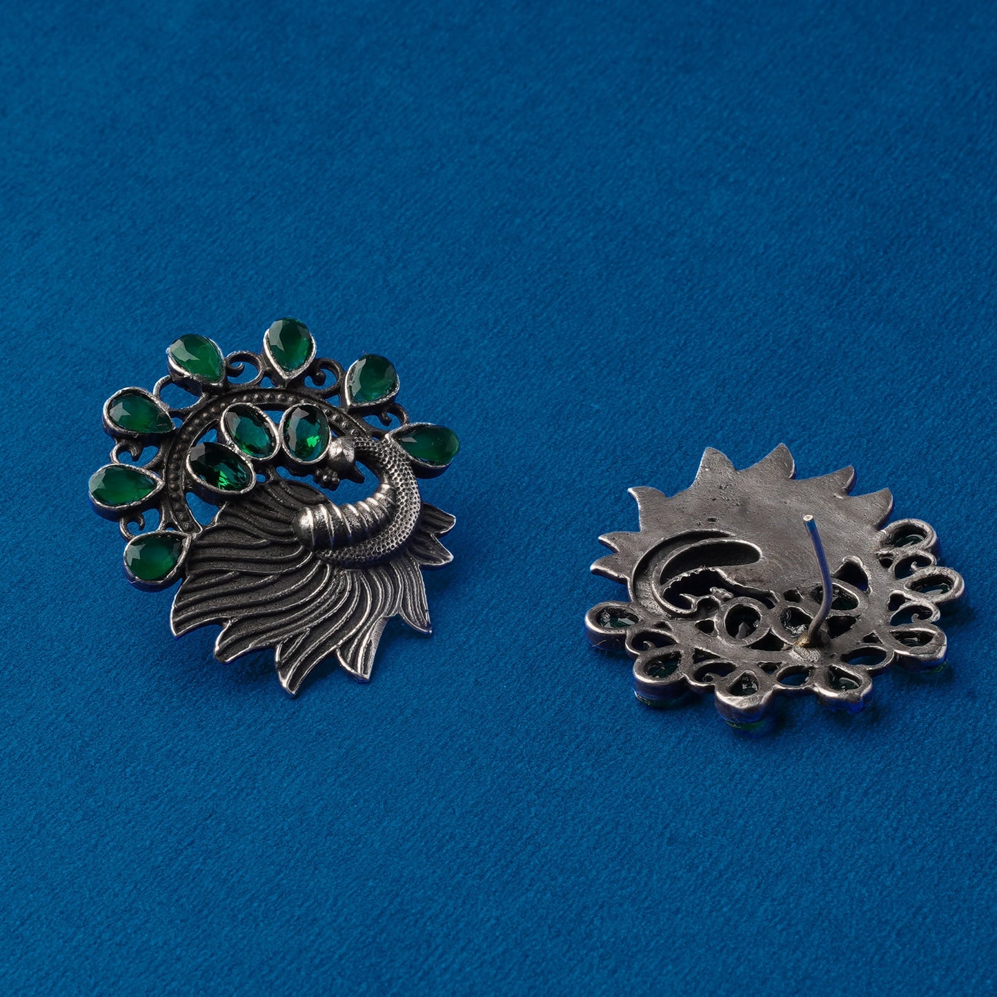 Pankhi- Silver Brass Stone-Studded Stud Earrings(Green)