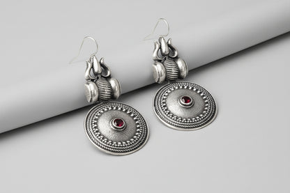 Trishool- Silver Brass Oxidised dangler earrings(Red)
