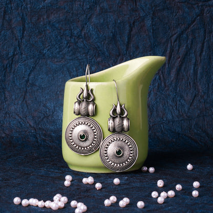 Trishool- Silver Brass Oxidised dangler earrings(Green)