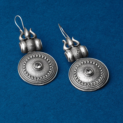 Trishool- Silver Brass Oxidised dangler earrings(White)
