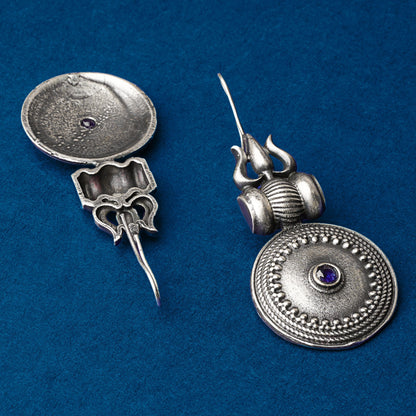 Trishool- Silver Brass Oxidised dangler earrings(Blue)