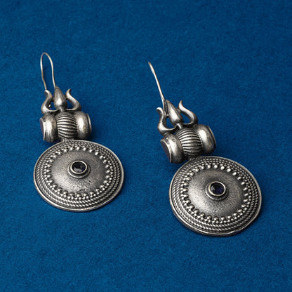 Trishool- Silver Brass Oxidised dangler earrings(Blue)