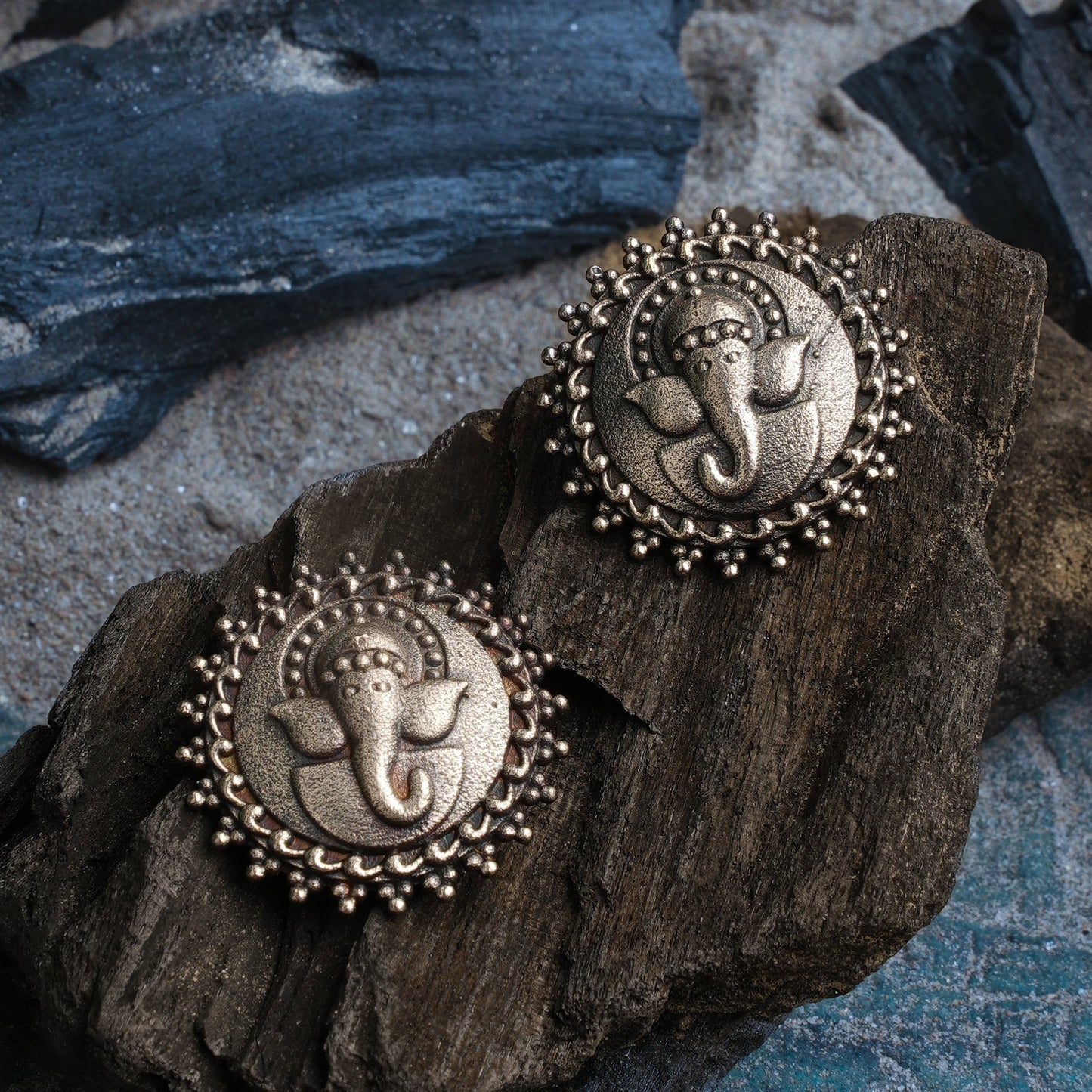 Gajanana- Silver Brass Oxidised stud Earrings