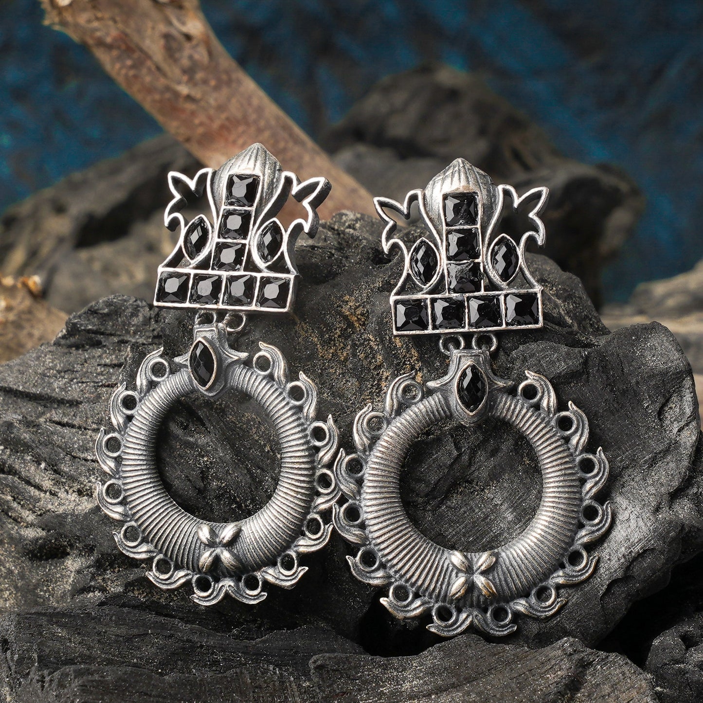 Rajatika- Silver Brass Oxidised dangler earrings