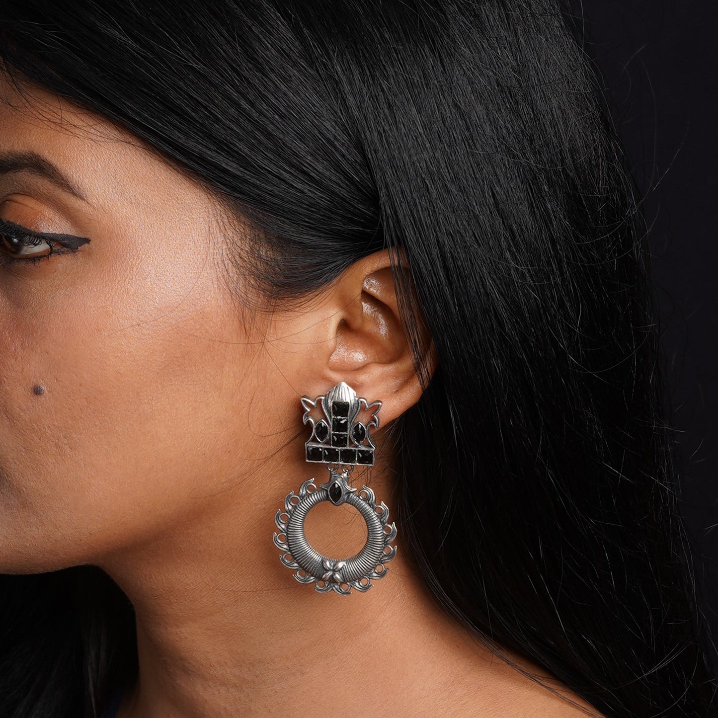 Rajatika- Silver Brass Oxidised dangler earrings