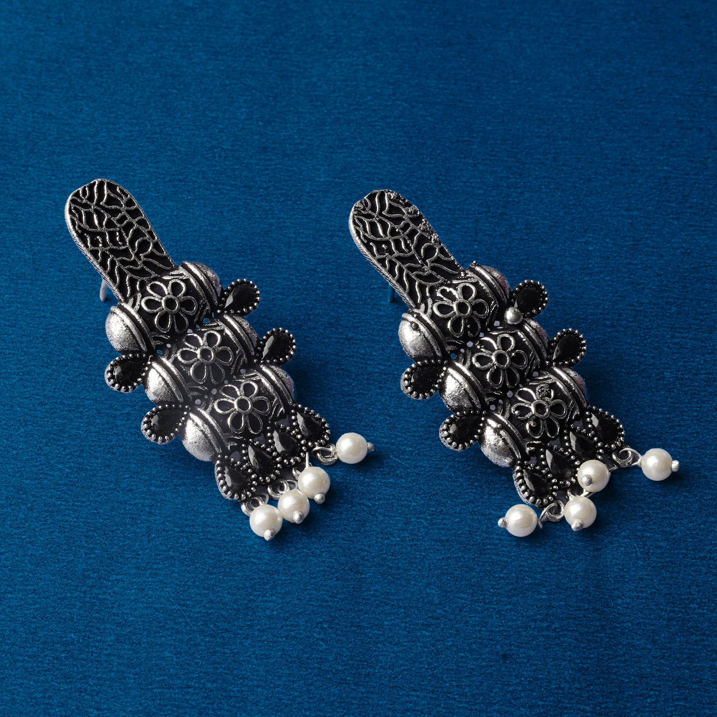 ManiStambh – Silver Brass Oxidised Dangler Earrings (Black)