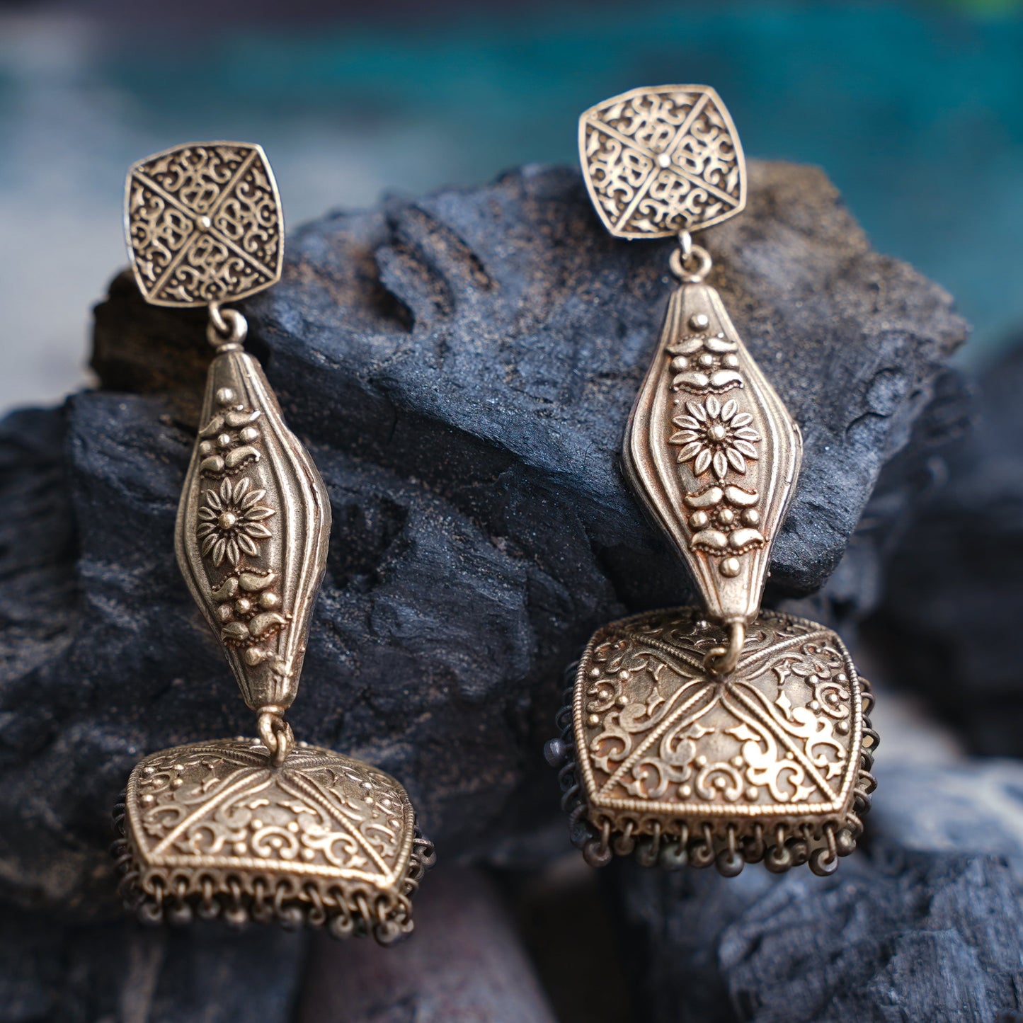 Shubhra- Silver Brass Oxidised dangler earrings