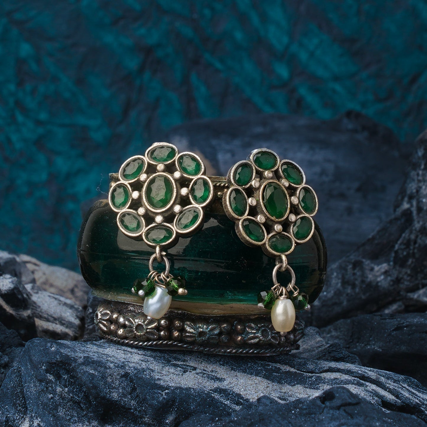 Harit- Silver Brass Stone-Studded Stud Earrings