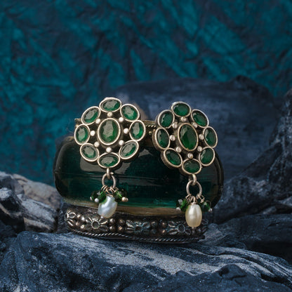 Harit- Silver Brass Stone-Studded Stud Earrings