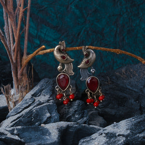 Red Stone Studded Peacock Brass Danglers