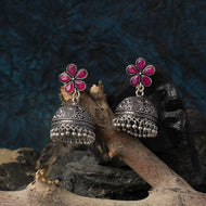 Red Stone Studded Silver Toned Jhumka