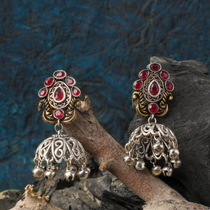 Red Stone Studded Silver Toned Jhumka