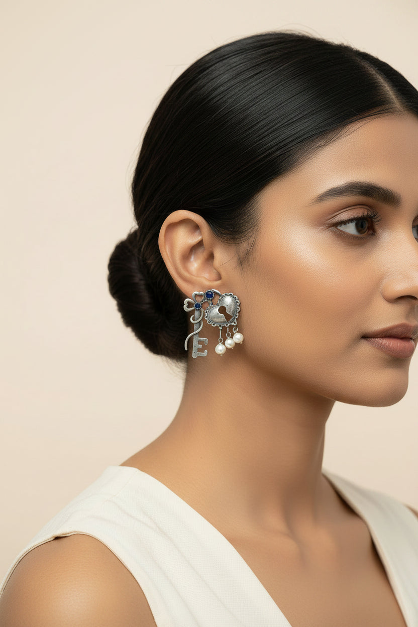 Kunjika- Silver Brass Oxidised dangler earrings (Blue)