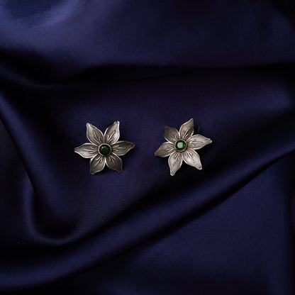 Juhi- Silver Brass Stone-Studded Stud Earrings(Green)