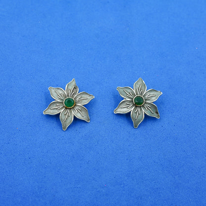 Juhi- Silver Brass Stone-Studded Stud Earrings(Green)
