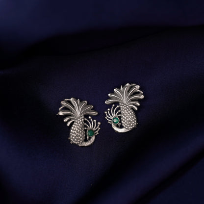 Ananasika- Silver Brass Stone Studded Stud Earrings(Black)