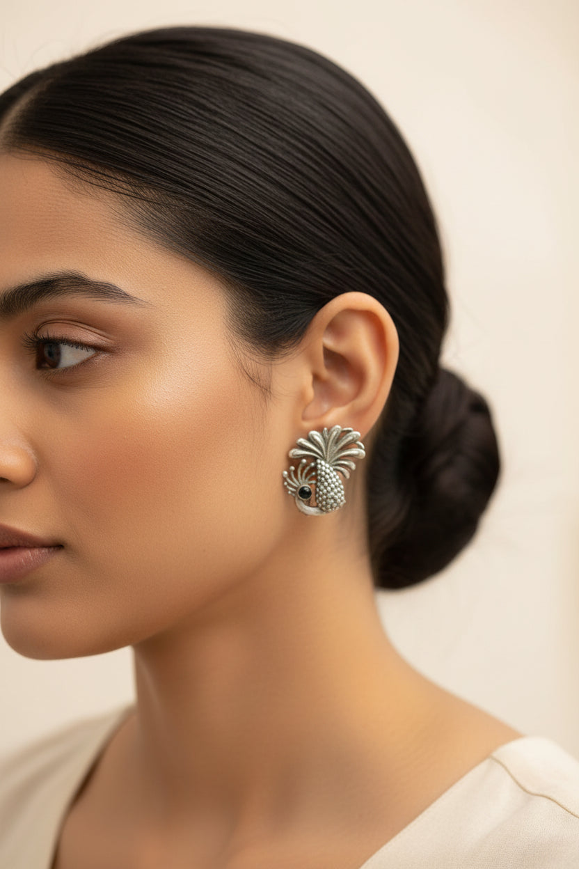 Ananasika- Silver Brass Stone-Studded Stud Earrings(Black)