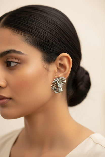 Ananasika- Silver Brass Stone-Studded Stud Earrings(Black)