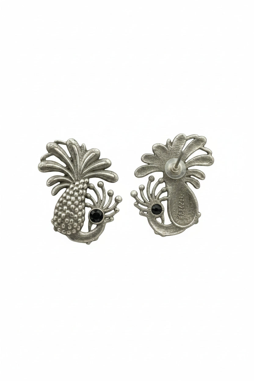 Ananasika- Silver Brass Stone-Studded Stud Earrings(Black)