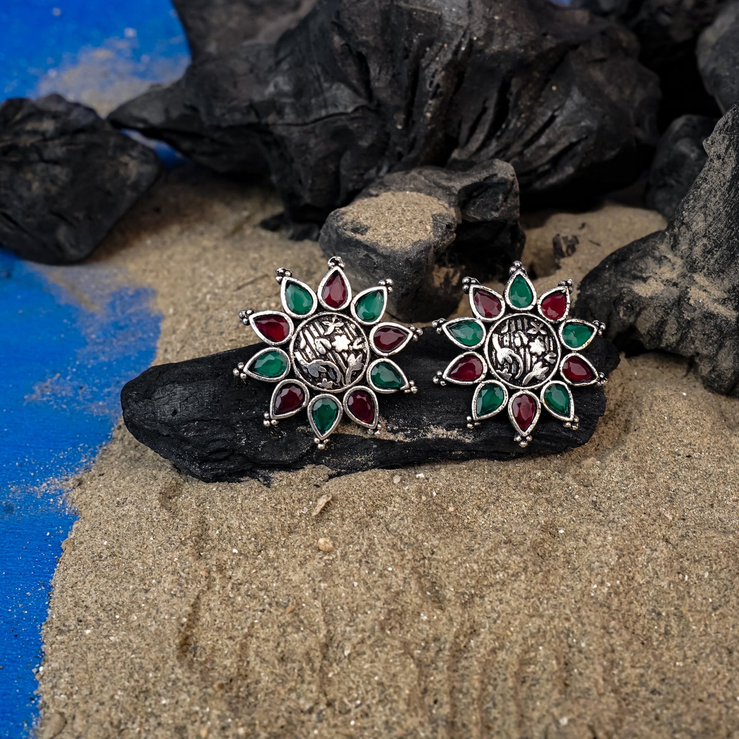 Pushpika- Silver Brass Stone-Studded Stud Earrings