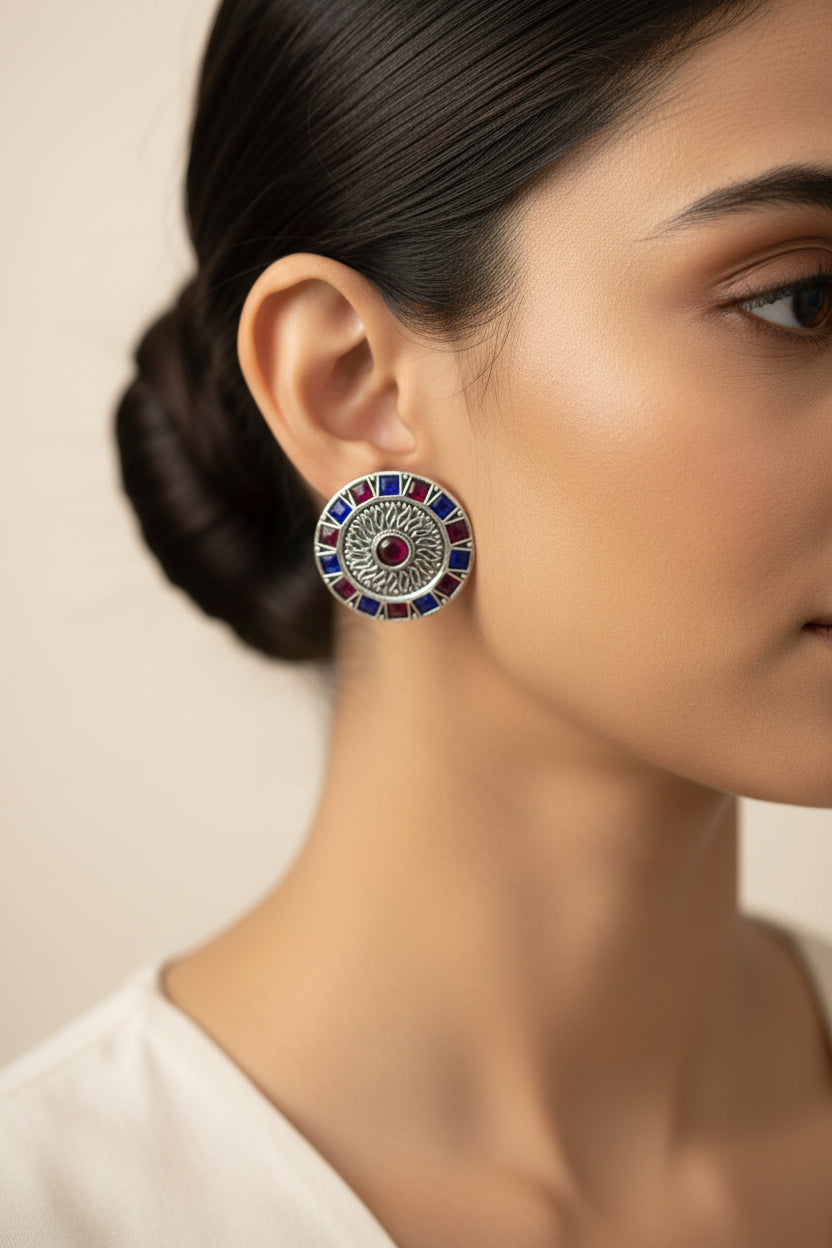 Rangini- Silver Brass Stone-Studded Stud Earrings