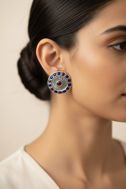 Rangini- Silver Brass Stone-Studded Stud Earrings