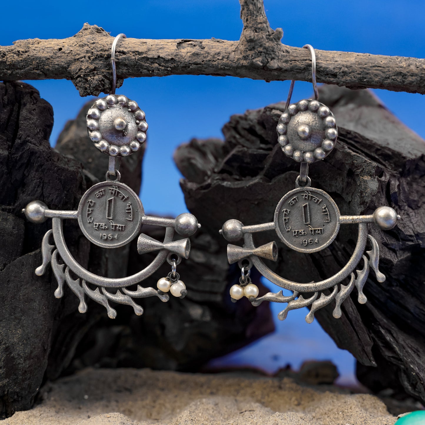 Mudrika- Silver Brass Oxidised dangler earrings