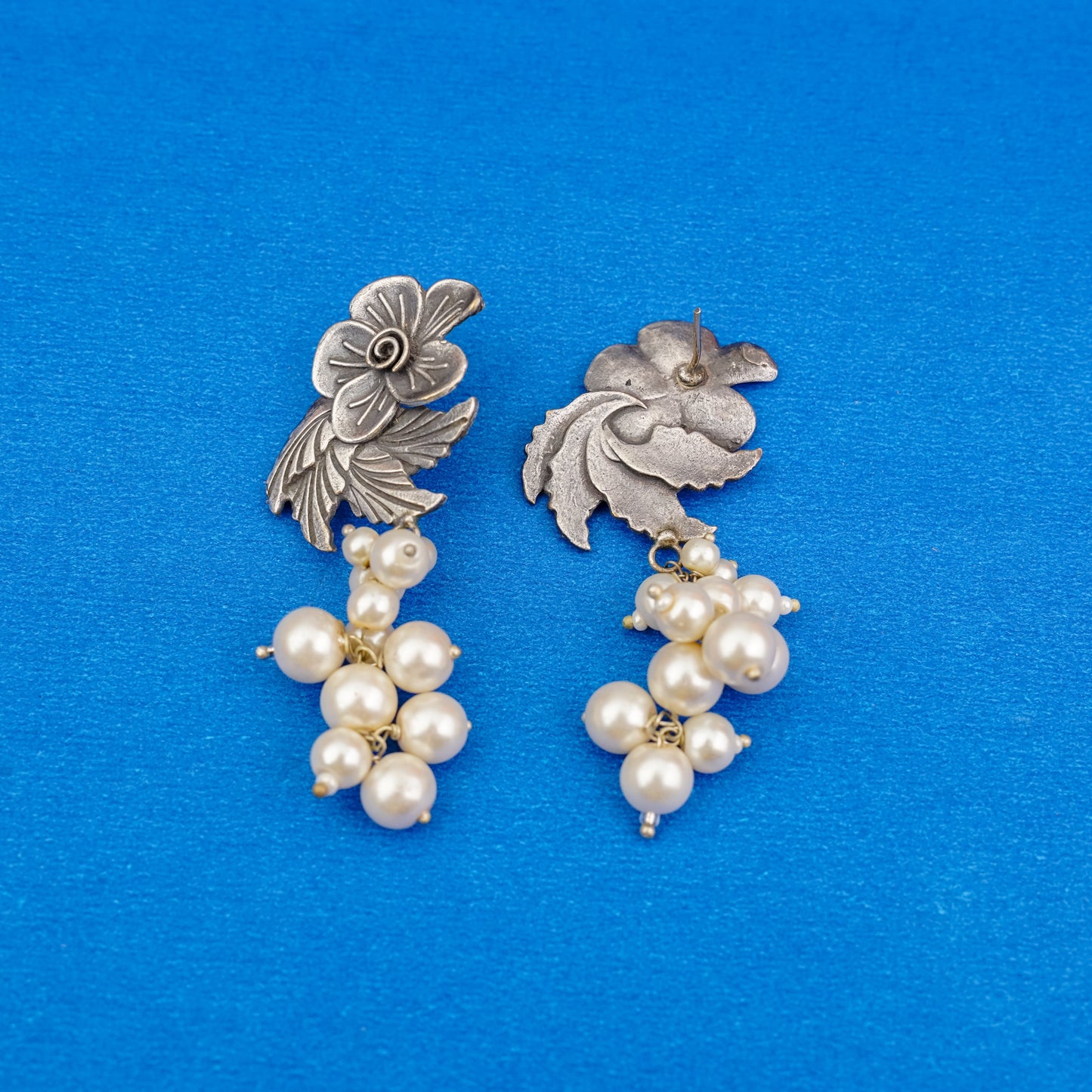 Motiphool- Silver Brass Pearl dangler earrings