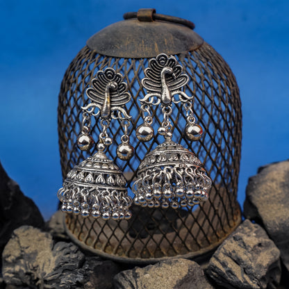 Mayurakshi- Silver Brass Oxidised Jhumka Earrings