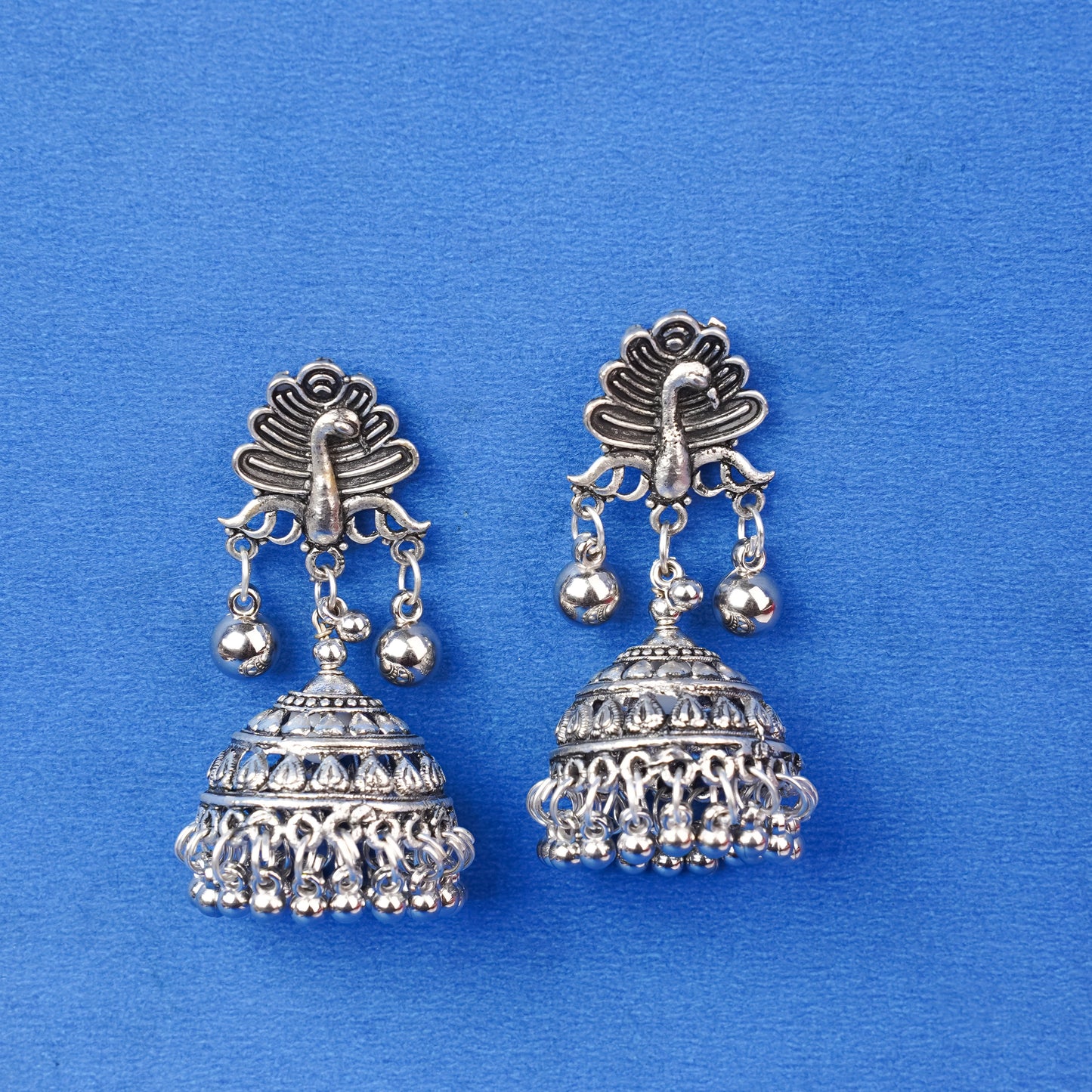 Mayurakshi- Silver Brass Oxidised Jhumka Earrings